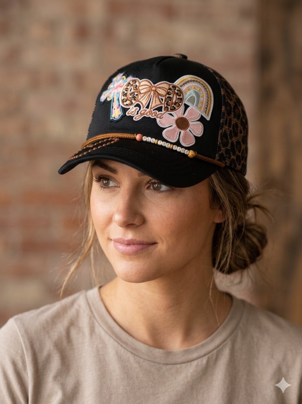 God is Good Boho Cheetah Patch Trucker Hat